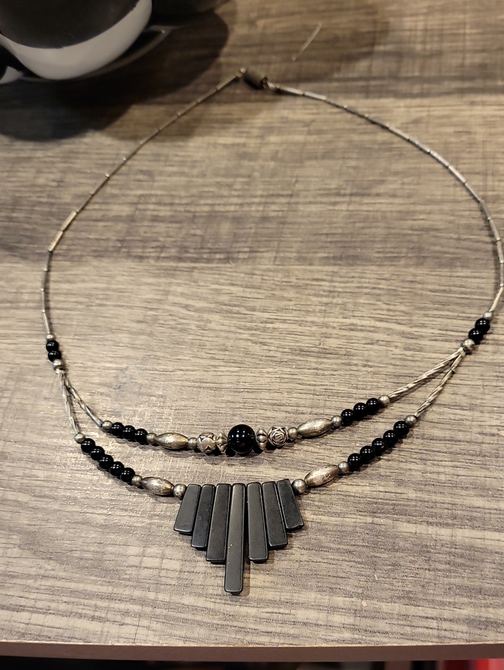 Boho Navaho Style Black Stone W/ Silver Beads Dbl.Necklace/ Vintage,EUC